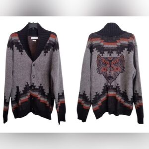 Urban Outfitters Men's Grey Black Southwestern Aztec Fox Grandpa Sweater Medium